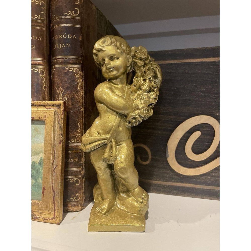 Vintage‎ Gold Putti Cherub Rose Garland  Statue Resin Hollywood Regency Decor 6"